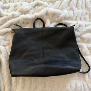 AllSaints Black Leather Backpack Tote – Gold Hardware, Minimalist